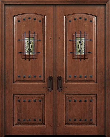 WDMA 64x96 Door (5ft4in by 8ft) Exterior Knotty Alder 96in Double 2 Panel Arch Door with Speakeasy / Clavos 1