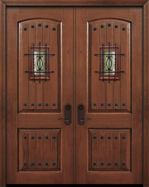 WDMA 64x96 Door (5ft4in by 8ft) Exterior Knotty Alder 96in Double 2 Panel Arch V-Groove Door with Speakeasy / Clavos 1