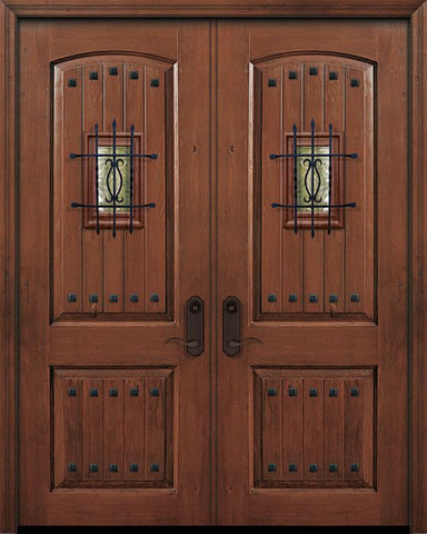 WDMA 64x96 Door (5ft4in by 8ft) Exterior Knotty Alder 96in Double 2 Panel Arch V-Groove Door with Speakeasy / Clavos 1
