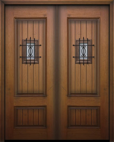 WDMA 64x96 Door (5ft4in by 8ft) Exterior Mahogany IMPACT | 96in Double 2 Panel Square V-Grooved Door with Speakeasy 1