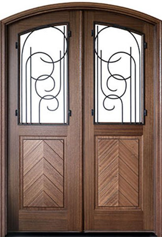 WDMA 64x96 Door (5ft4in by 8ft) Exterior Swing Mahogany Manchester Double Door/Arch Top w Iron #1 1
