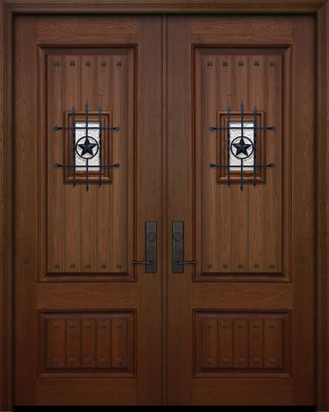 WDMA 64x96 Door (5ft4in by 8ft) Exterior Mahogany 96in Double 2 Panel Square V-Grooved Door with Speakeasy / Clavos 1