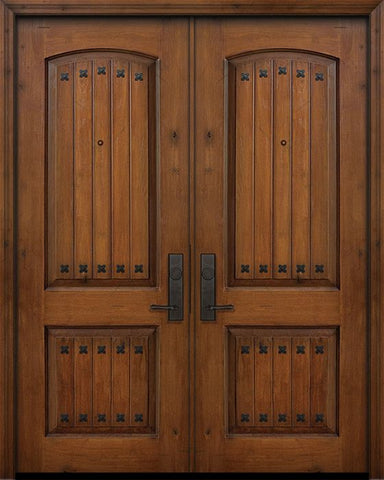 WDMA 64x96 Door (5ft4in by 8ft) Exterior Knotty Alder IMPACT | 96in Double 2 Panel Arch V-Groove Door with Clavos 1