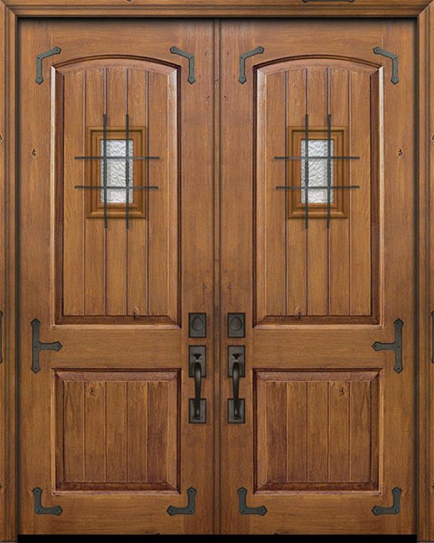 WDMA 64x96 Door (5ft4in by 8ft) Exterior Knotty Alder IMPACT | 96in Double 2 Panel Arch V-Groove Door with Speakeasy / Corner Straps 1