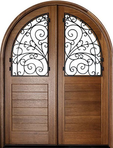 WDMA 64x96 Door (5ft4in by 8ft) Exterior Swing Mahogany Sicily Double Door/Round Top w Iron #3 1