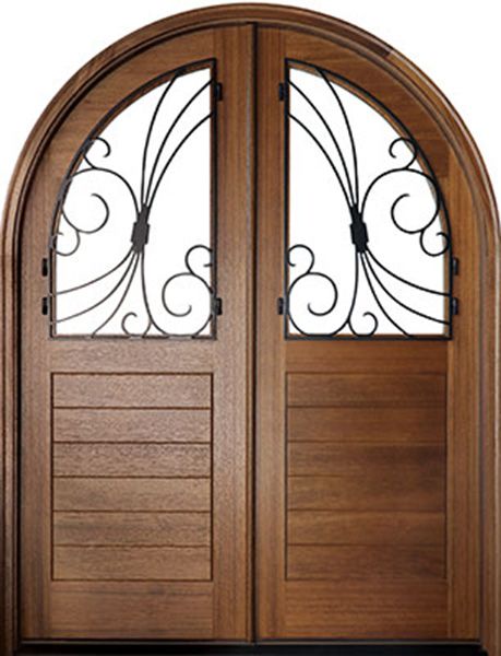 WDMA 64x96 Door (5ft4in by 8ft) Exterior Swing Mahogany Sicily Double Door/Round Top w Iron #1 1