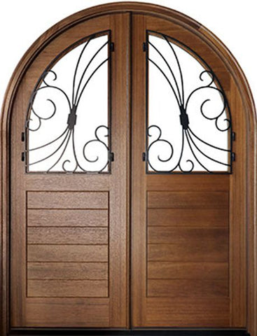 WDMA 64x96 Door (5ft4in by 8ft) Exterior Swing Mahogany Sicily Double Door/Round Top w Iron #1 1
