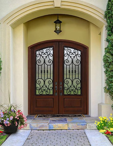 WDMA 64x96 Door (5ft4in by 8ft) Exterior Mahogany 96in Double Arch Top Marbella Iron Cherry Knotty Alder Door 2
