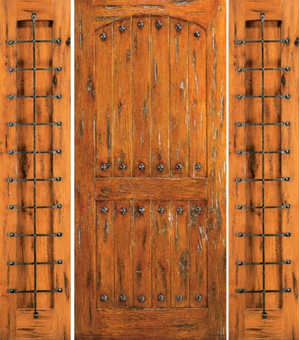 WDMA 66x80 Door (5ft6in by 6ft8in) Exterior Knotty Alder Prehung Door with Two Sidelights Clavos 1