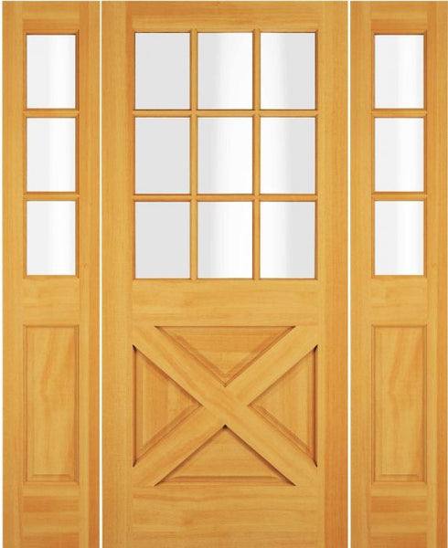 WDMA 68x78 Door (5ft8in by 6ft6in) Exterior Swing Oak Wood 1/2 Lite 9 Lite Rustic Crossbuk Single Door / 2 Sidelight 1