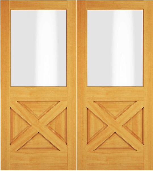 WDMA 68x78 Door (5ft8in by 6ft6in) Exterior Swing Hickory Wood 1/2 Lite Rustic Crossbuk Double Door 1