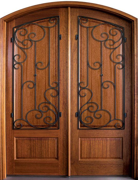 WDMA 68x78 Door (5ft8in by 6ft6in) Exterior Mahogany Tiffany Solid Panel Double Door/Arch Top w Westwood Iron 1