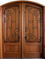 WDMA 68x78 Door (5ft8in by 6ft6in) Exterior Mahogany Tiffany Solid Panel Double Door/Arch Top w Westwood Iron 1