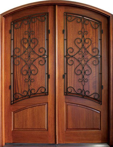 WDMA 68x78 Door (5ft8in by 6ft6in) Exterior Mahogany Aberdeen Solid Panel Double Door/Arch Top w Gilford Iron 1