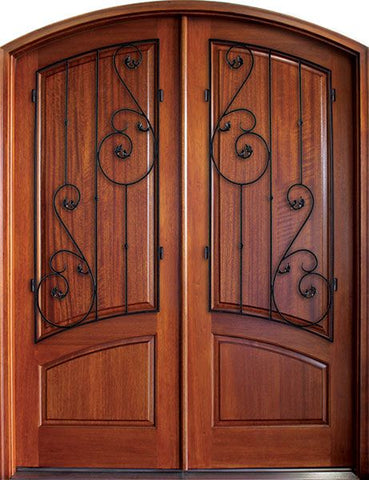 WDMA 68x78 Door (5ft8in by 6ft6in) Exterior Mahogany Aberdeen Solid Panel Double Door/Arch Top w Tanglewood Iron 1