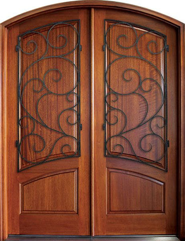WDMA 68x78 Door (5ft8in by 6ft6in) Exterior Mahogany Aberdeen Solid Panel Double Door/Arch Top w Burlwood Iron 1