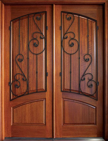 WDMA 68x78 Door (5ft8in by 6ft6in) Exterior Mahogany Aberdeen Solid Panel Double w Tanglewood Iron 1