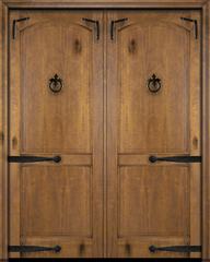 WDMA 68x84 Door (5ft8in by 7ft) Interior Swing Mahogany Arch Top 2 Panel Rustic-Old World Exterior or Double Door with Corner Straps / Straps 1