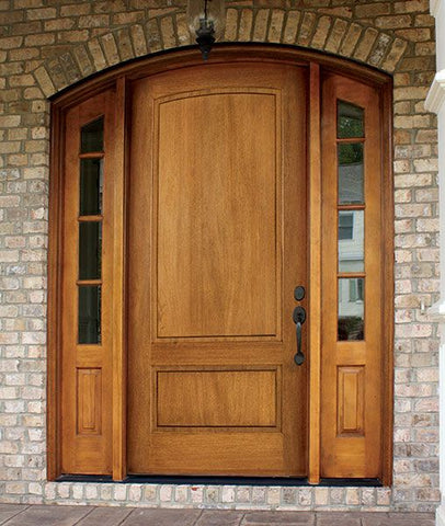 WDMA 70x96 Door (5ft10in by 8ft) Exterior Swing Mahogany Trinity 2 Panel Single Door/2 TDL Sidelight Arch Top 2