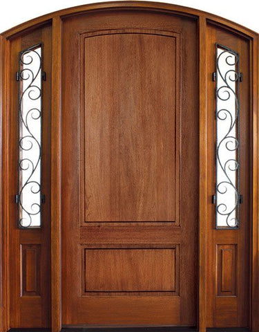 WDMA 70x96 Door (5ft10in by 8ft) Exterior Swing Mahogany Trinity 2 Panel Single Door/2 Iron Sidelight Arch Top 1