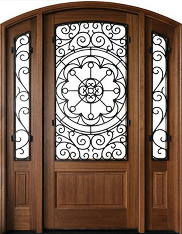 WDMA 70x96 Door (5ft10in by 8ft) Exterior Swing Mahogany Trinity Single Door/2Sidelight Arch Top w Iron #1 2-1/4 Thick 1
