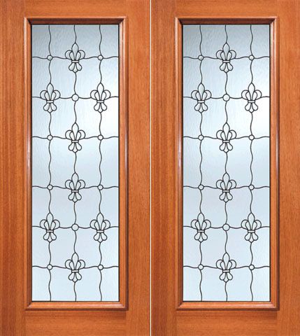 WDMA 72x84 Door (6ft by 7ft) Exterior Mahogany Fleur De Lis Pattern Beveled Glass Double Door Full lite 1
