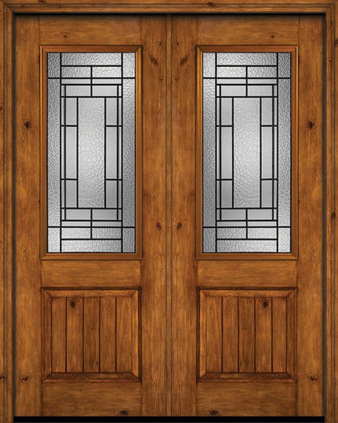 WDMA 72x96 Door (6ft by 8ft) Exterior Knotty Alder 96in Alder Rustic V-Grooved Panel 2/3 Lite Double Entry Door Pembrook Glass 1