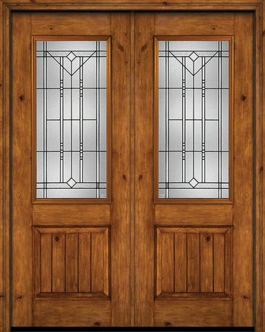 WDMA 72x96 Door (6ft by 8ft) Exterior Knotty Alder 96in Alder Rustic V-Grooved Panel 2/3 Lite Double Entry Door Riverwood Glass 1