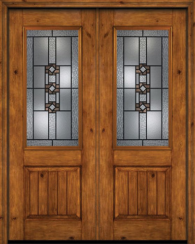 WDMA 72x96 Door (6ft by 8ft) Exterior Knotty Alder 96in Alder Rustic V-Grooved Panel 2/3 Lite Double Entry Door Mission Ridge Glass 1