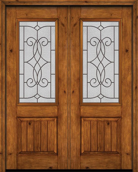 WDMA 72x96 Door (6ft by 8ft) Exterior Knotty Alder 96in Alder Rustic V-Grooved Panel 2/3 Lite Double Entry Door Ashbury Glass 1