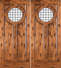 WDMA 72x96 Door (6ft by 8ft) Exterior Knotty Alder Cirle Lite Double Entry Doors in with Forged Iron 1