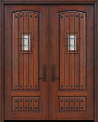 WDMA 72x96 Door (6ft by 8ft) Exterior Cherry Pro 96in Double 2 Panel Arch V-Groove Door with Speakeasy / Clavos 1
