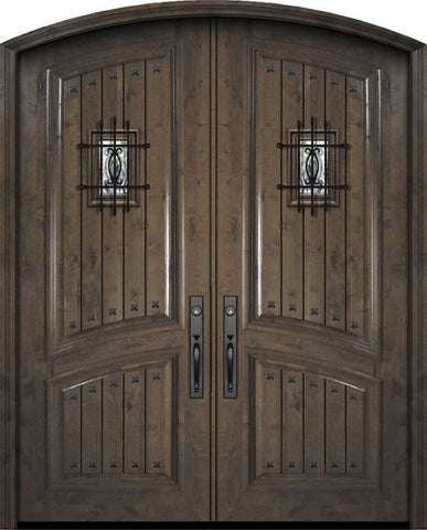 WDMA 72x96 Door (6ft by 8ft) Exterior Knotty Alder 36in x 96in Double Arch Top 2 Panel V-Grooved Estancia Alder Door with Speakeasy / Clavos 1