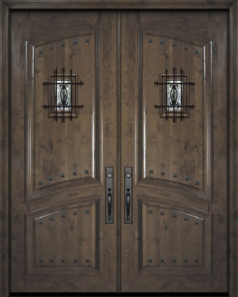 WDMA 72x96 Door (6ft by 8ft) Exterior Knotty Alder 36in x 96in Double Square Top Arch 2 Panel Estancia Alder Door with Speakeasy / Clavos 1