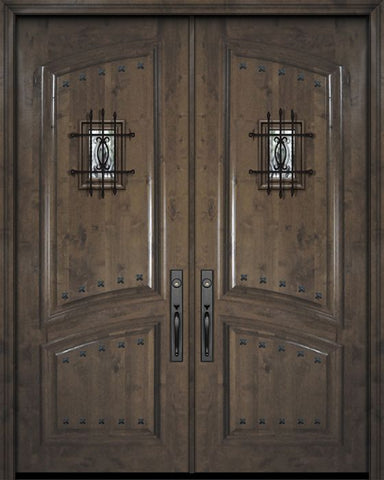 WDMA 72x96 Door (6ft by 8ft) Exterior Knotty Alder 36in x 96in Double Square Top Arch 2 Panel Estancia Alder Door with Speakeasy / Clavos 1