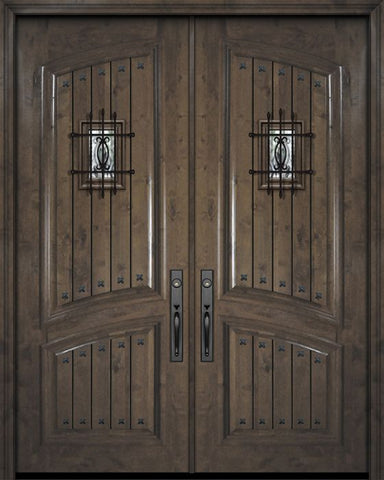 WDMA 72x96 Door (6ft by 8ft) Exterior Knotty Alder 36in x 96in Double Square Top Arch 2 Panel V-Grooved Estancia Alder Door with Speakeasy / Clavos 1