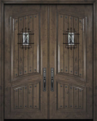 WDMA 72x96 Door (6ft by 8ft) Exterior Knotty Alder 36in x 96in Double Square Top Arch 2 Panel V-Grooved Estancia Alder Door with Speakeasy / Clavos 1