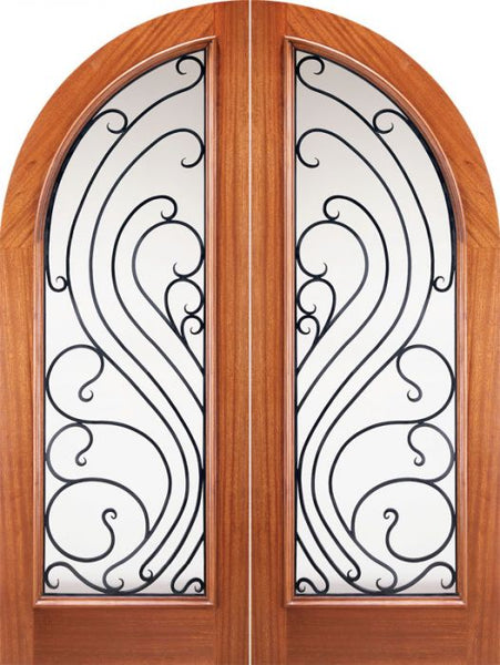 WDMA 72x96 Door (6ft by 8ft) Exterior Mahogany Double Doors Round Top Solid Full Lite Forged Iron 1