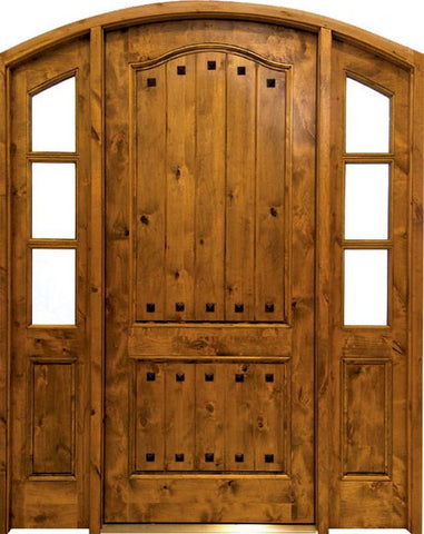 WDMA 74x96 Door (6ft2in by 8ft) Exterior Swing Knotty Alder Kenmure Solid Panel Single Door/2Sidelight Arch Top 2-1/4 Thick 1