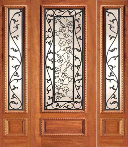 WDMA 78x80 Door (6ft6in by 6ft8in) Exterior Mahogany Floral Scrollwork Ironwork Glass Door Two Sidelight 1