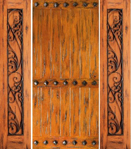 WDMA 78x80 Door (6ft6in by 6ft8in) Exterior Knotty Alder Entry Prehung Door with Two Sidelights Clavos 1