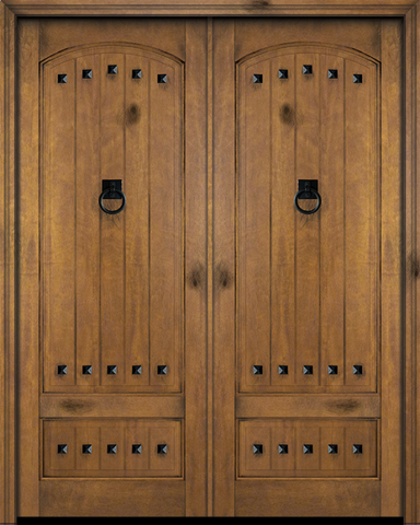 WDMA 84x80 Door (7ft by 6ft8in) Exterior Barn Mahogany 3/4 Arch Top Panel V-Grooved Plank or Interior Double Door with Clavos 1