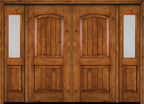 WDMA 84x80 Door (7ft by 6ft8in) Exterior Knotty Alder Alder Rustic V-Grooved Panel Double Entry Door Sidelights Rain Glass 1