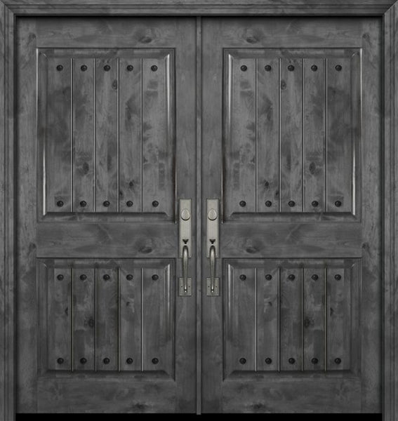 WDMA 84x80 Door (7ft by 6ft8in) Exterior Knotty Alder 42in x 80in Double 2 Panel Square V-Grooved Estancia Alder Door with Clavos 1