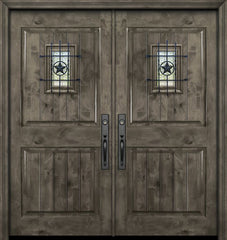 WDMA 84x80 Door (7ft by 6ft8in) Exterior Knotty Alder 42in x 80in Double 2 Panel Square V-Grooved Estancia Alder Door with Speakeasy 1