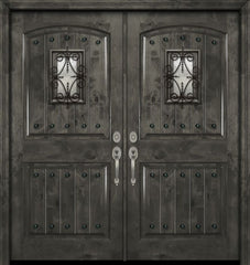 WDMA 84x80 Door (7ft by 6ft8in) Exterior Knotty Alder 42in x 80in Double Arch 2 Panel V-Grooved Estancia Alder Door with Speakeasy / Clavos 1