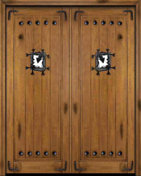 WDMA 84x84 Door (7ft by 7ft) Exterior Barn Mahogany 1 Panel V-Grooved Plank Rustic-Old World or Interior Double Door with Speakeasy Corner Straps and Clavos 1