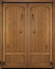 WDMA 84x96 Door (7ft by 8ft) Exterior Barn Mahogany 2 Panel Arch Top V-Grooved Plank or Interior Double Door 1