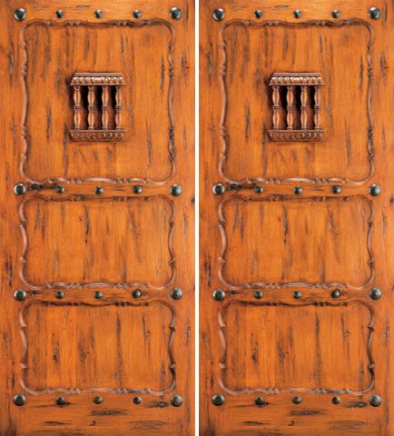 WDMA 84x96 Door (7ft by 8ft) Exterior Knotty Alder Double Door 3-Panel Speakeasy Clavos 1