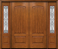 WDMA 84x96 Door (7ft by 8ft) Exterior Cherry 96in Plank Two Panel Double Entry Door Sidelights Wyngate Glass 1